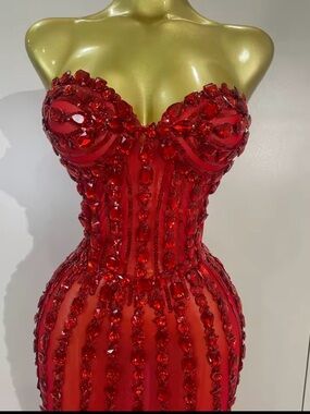 Strapless Red Crystal Embellished Evening Gown